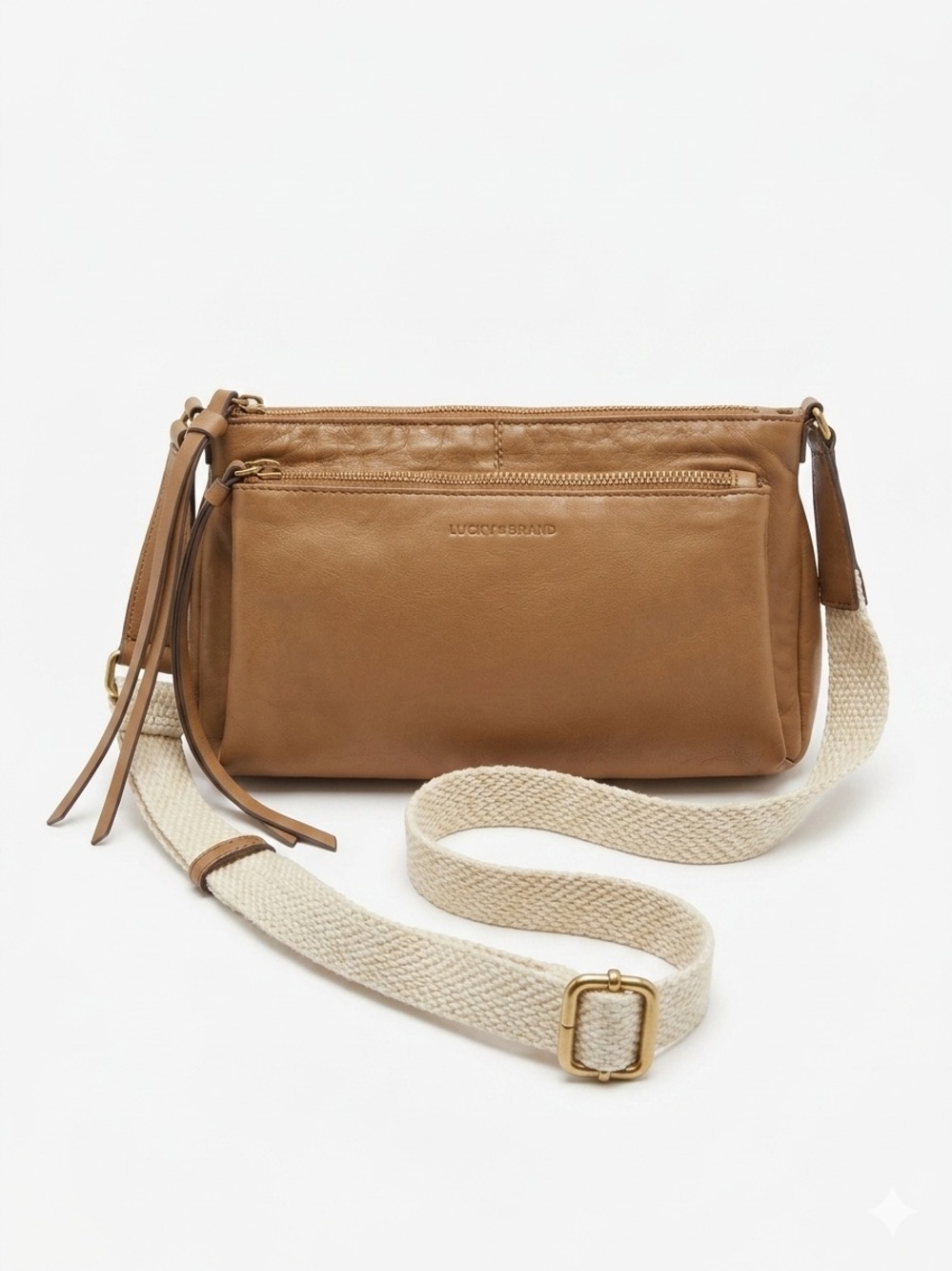 Lucky Brand Koda Tan Leather Crossbody Bag with Woven Strap, EUC